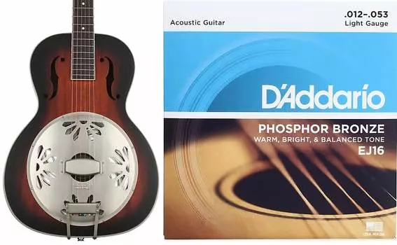 Gretsch G9241 Alligator Mahogany Round Neck Acoustic Electric Resonator - 2-цветная накладка на гриф Sunburst Padauk со струнами D'Addario EJ16 из фосфорной бронзы для акустической гитары - .012-.053 Light