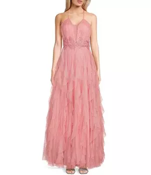 Груша Культура Бальное платье на тонких бретельках с глубоким V-образным вырезом и блестящим сетчатым штопором Pear Culture, розовый