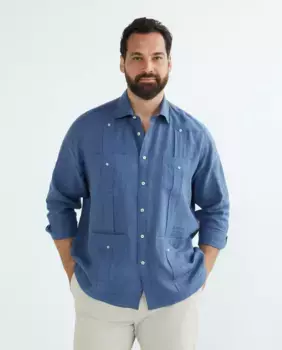 Гуаябера 100% однотонный лен с длинными рукавами, большие размеры Emidio Tucci, индиго/синий