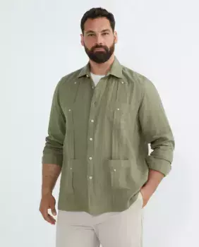 Гуаябера 100% однотонный лен с длинными рукавами, большие размеры Emidio Tucci, темно-зеленый