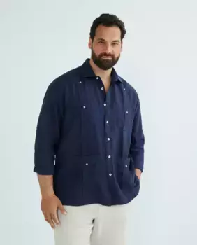 Гуаябера 100% однотонный лен с длинными рукавами, большие размеры Emidio Tucci, темно-синий