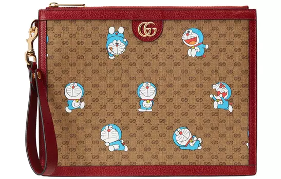 GUCCI Doraemon, коллекция Doraemon, холст с кожаным клатчем, обычный, унисекс, эбеновое дерево/красный