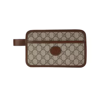 GUCCI Холщовая сумка с кожаной косметичкой, дорожная сумка-клатч унисекс, цвет эбеновое дерево/коричневый