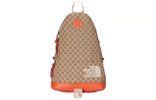 GUCCI Холщовый рюкзак с кожей унисекс, эбеновое дерево/бежевый/оранжевый