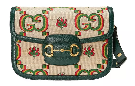 GUCCI Horsebit 1955, жаккардовая сумка с кожаной сумкой-седлом, сумка через плечо, сумка-трубы унисекс, бежево-зеленый