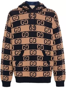 Gucci худи вязки интарсия с узором GG Supreme, коричневый