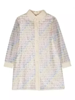 Gucci Kids платье-рубашка с кристаллами и логотипом GG, нейтральный цвет