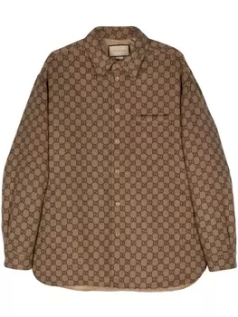 Gucci кожаная куртка-рубашка с узором GG Supreme, нейтральный цвет