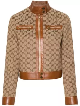 Gucci куртка с отделкой из кожи и логотипом GG, нейтральный цвет
