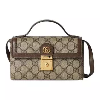 GUCCI Мини-сумка Ophidia Canvas с кожаным ремешком для женщин, бежево-черного цвета