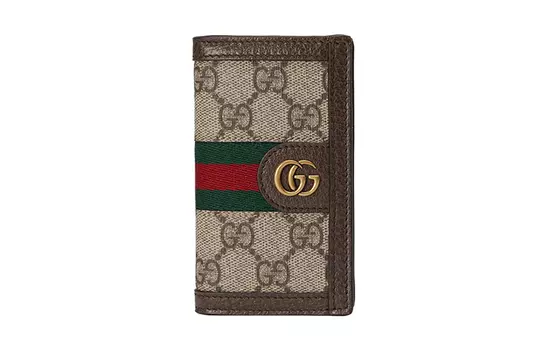 GUCCI Мужской холщовый держатель карт с кожаной отделкой, бежевый/черный