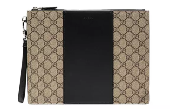 GUCCI Мужской клатч из холста с кожаной вставкой, цвет эбеновое дерево и черный
