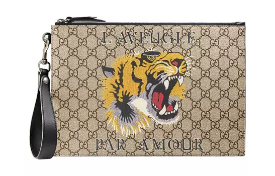 GUCCI Мужской клатч из холста с кожаной вставкой, цвет эбеновое дерево/черный