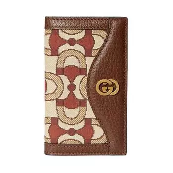 GUCCI Мужской кожаный держатель карт из жаккардовой ткани, коричневый