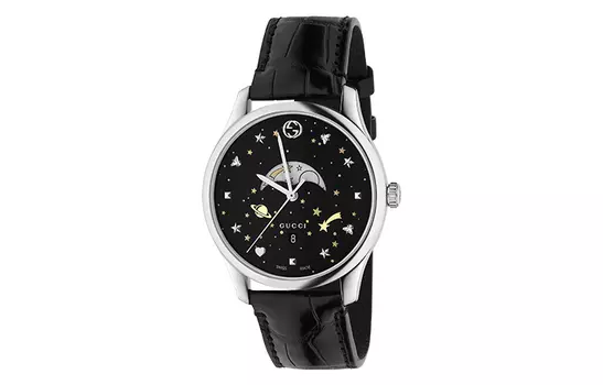 GUCCI Наручные часы G Timeless Collection с кварцевым механизмом, ремешком из крокодиловой кожи и черным циферблатом. Мужские часы