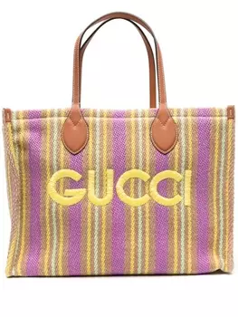 Gucci полосатая сумка-тоут с вышитым логотипом, нейтральный цвет
