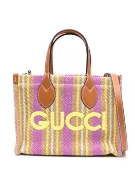 Gucci полосатая сумка-тоут с вышитым логотипом, нейтральный цвет
