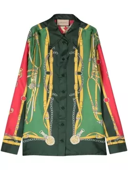 Gucci шелковая рубашка с принтом Harness, зеленый