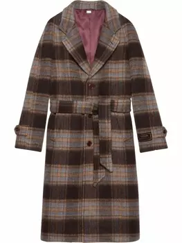 Gucci шерстяное пальто в клетку с логотипом, коричневый