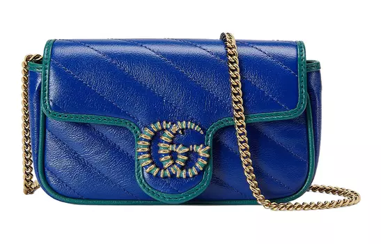 GUCCI Сумка через плечо GG Marmont из кожи, мини-сумка через плечо, цвет синий/сапфирово-зеленый, женская