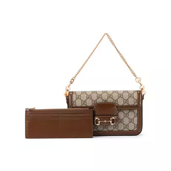 GUCCI Сумка через плечо Horsebit 1955 из холста с кожей, женская, коричневого цвета