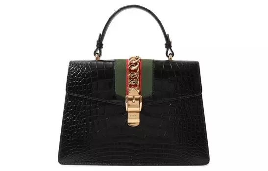 GUCCI Сумка через плечо Sylvie из крокодиловой кожи, женская, черного цвета, среднего размера