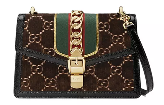 GUCCI Сумка через плечо Sylvie Velvet с кожей, женская, небольшого размера, коричневого цвета