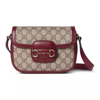 GUCCI Сумка Horsebit 1955 из холста с кожаной пряжкой, женская, бежево-красная
