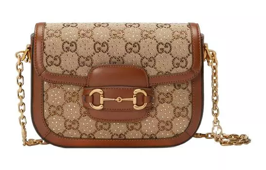 GUCCI Сумка Horsebit 1955, женская, холщовая, через плечо, цвета эбенового дерева и коричневого
