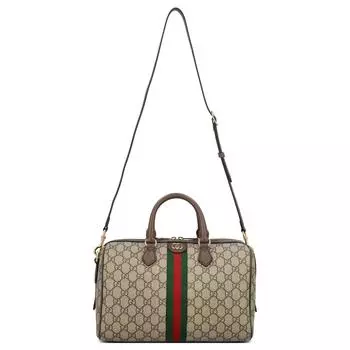 GUCCI Сумка из холста Ophidia с кожаным переплетом на одно плечо, женская, коричневого цвета, среднего размера