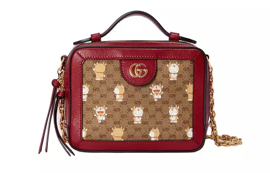 GUCCI Сумка-коробка Doraemon Collaboration из холста с кожей, сумка-мессенджер, сумка через плечо, мини-сумка через плечо, женская, коричнево-красная