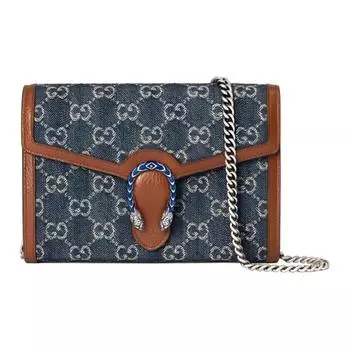 GUCCI Сумка-кошелек Dionysus из денима с кожаным кошельком, мини-сумка через плечо для женщин, серо-голубая/коричневая
