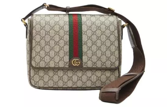 GUCCI Сумка-мессенджер Ophidia из холста с кожей, сумка через плечо, мужская, среднего размера, бежевого и черного цветов