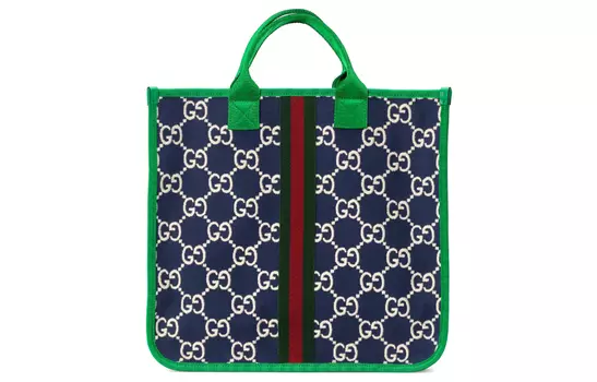 GUCCI Сумка-шоппер из хлопкового пике в стиле пэчворк, сумка-шоппер, обычная детская, темно-синяя/зеленая