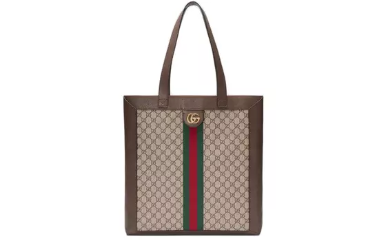 GUCCI Сумка-шоппер из холста с кожей, сумка-шоппер, сумка через плечо, большой размер, унисекс, цвет эбеновое дерево/коричневый