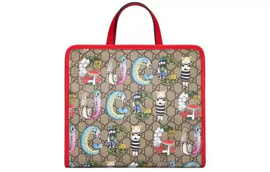 GUCCI Сумка-шоппер с принтом кошек X Yuko Higuchi, цвет эбеновое дерево/красный
