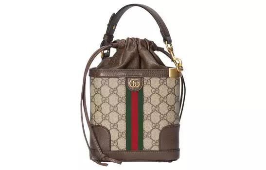 GUCCI Сумка-ведро из холста с кожаной отделкой, сумка через плечо, обычная женская, бежевая/черная