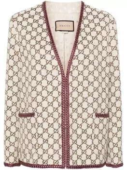 Gucci твидовый жакет с жаккардовым логотипом GG, нейтральный цвет