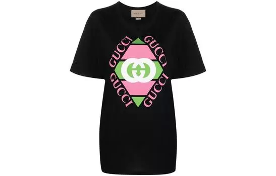 Футболка женская Gucci, черный / розовый / зеленый