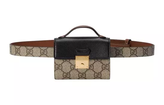 GUCCI Женская поясная сумка-сумка с замком и кожей, обычная, коричневая/черная