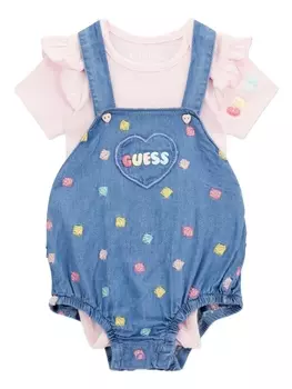 guess kids комплект из джинсового ромпера с вышивкой и боди, розовый