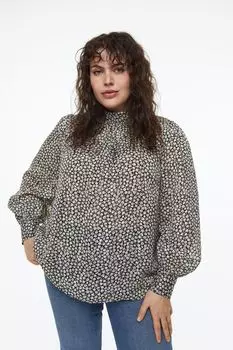 H&amp;M+ Атласная блуза с воротником-стойкой, черный/маленькие цветы