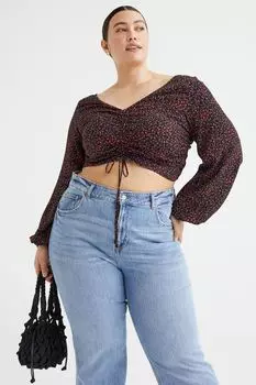 H&M+ Блуза из крепа с кулиской, черный/маленькие цветы