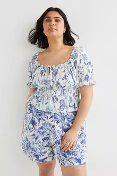 H&amp;M+ Блуза с баской и пышными рукавами, белые цветы