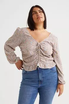 H&amp;M+ Блузка с драпировкой, белые/оранжевые цветы
