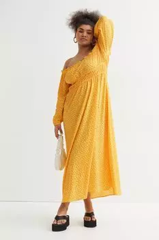 H&amp;M+ Платье из крепа с открытыми плечами, оранжевый/маленькие цветы