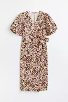 H&amp;M+ Платье с запахом и пышными рукавами, темно-зеленый/цветы