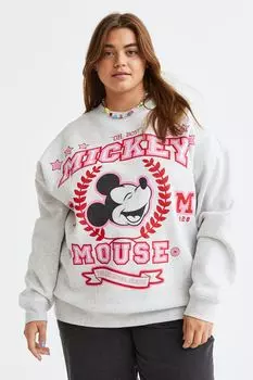 H&amp;M+ Толстовка оверсайз с принтом, светло-серый меланж/микки маус