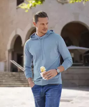 H.I.S вязаный свитер "с капюшоном, обычного кроя", свитер с круглым вырезом, тонкой вязки, смесовый хлопок, синий