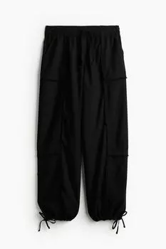 H&M Linen-blend Parachute Pants, Black
